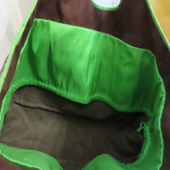 Handmade Deep Forest Green Suede Bag w/yellow green/gold twirly design stitching - Picture 5 of 7